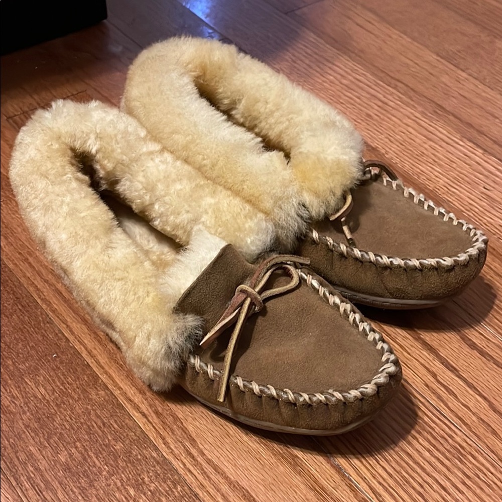 Cozy Tan Shearling Moccasin Slippers